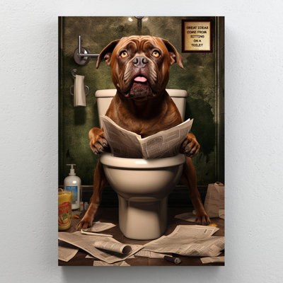 Chien assis sur une toilette sur toile
