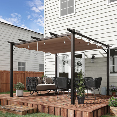Pergola d'extérieur rétractable - patio en aluminium, 10 pi x 10 pi, auvent brun pour la cour arrière, jardin, abri de jardin avec terrasse