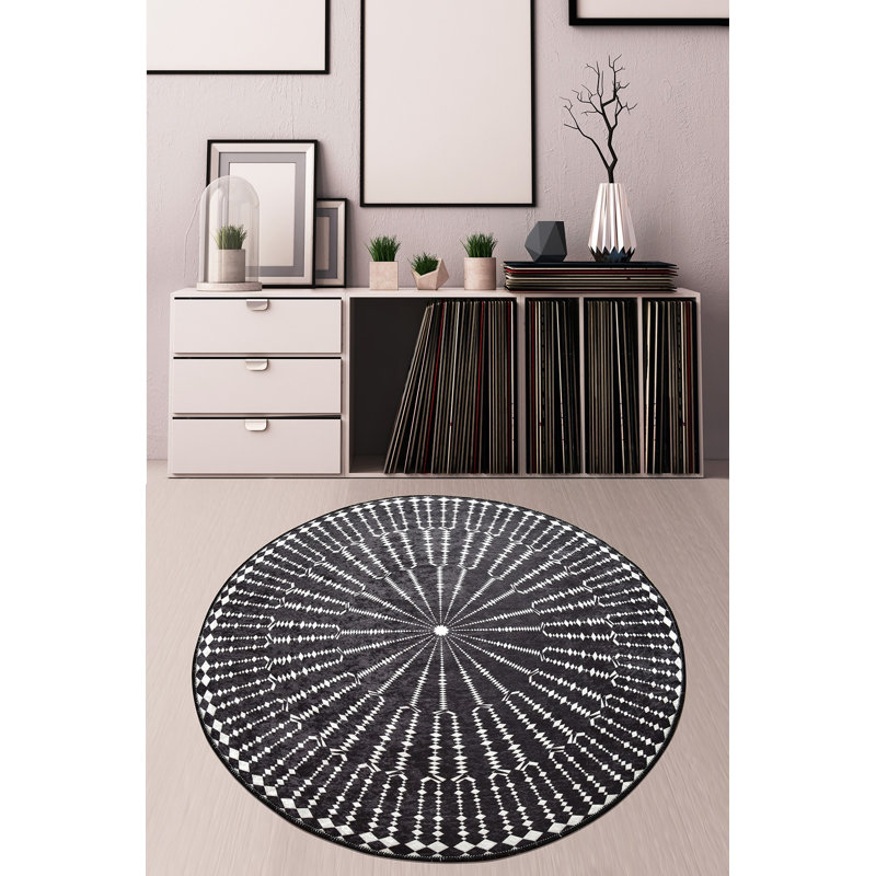 Stylish Round Carpet, 39.4 Inches Diameter, Black & White | 100% Polyester, 0.4-Inch Pile Height | Antibacterial, Non-Slip Underside, Machine Washable | Perfect for Living Room, Bedroom, or Office Décor
