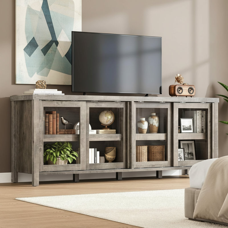 Meuble télé, avec 4 portes coulissantes en verre et armoire de rangement, Gris