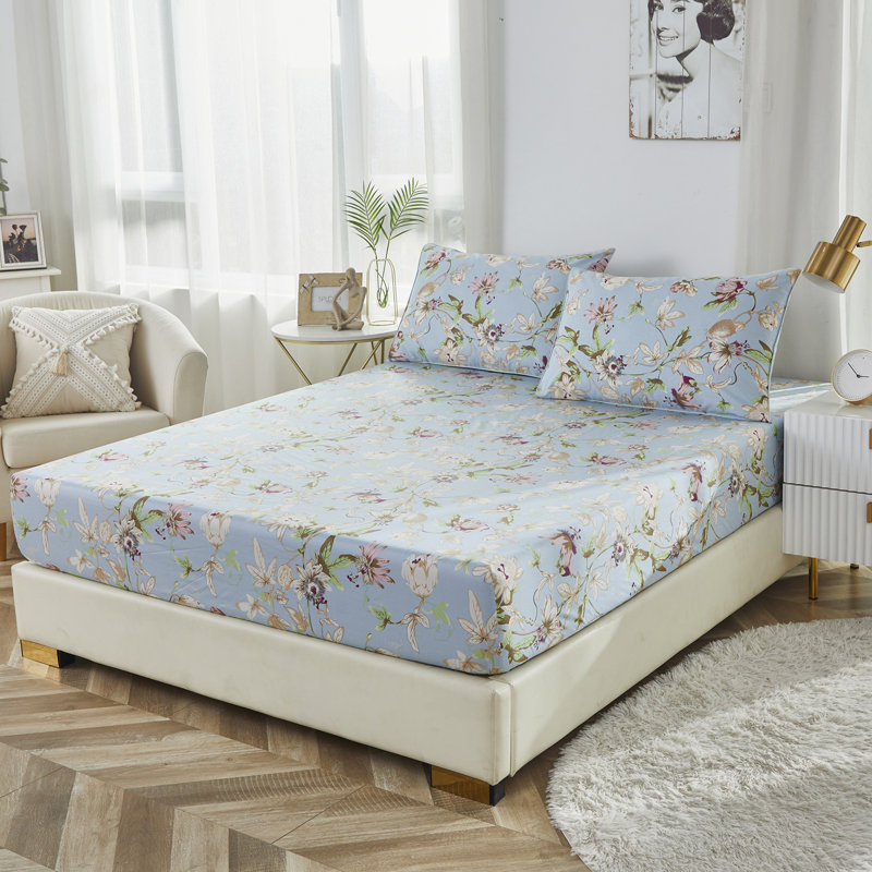 Literie 100 % coton égyptien, 4 pièces, style vintage classique luxueux, motif floral coloré bleu clair, draps doux et respirants, cadeau de Noël.