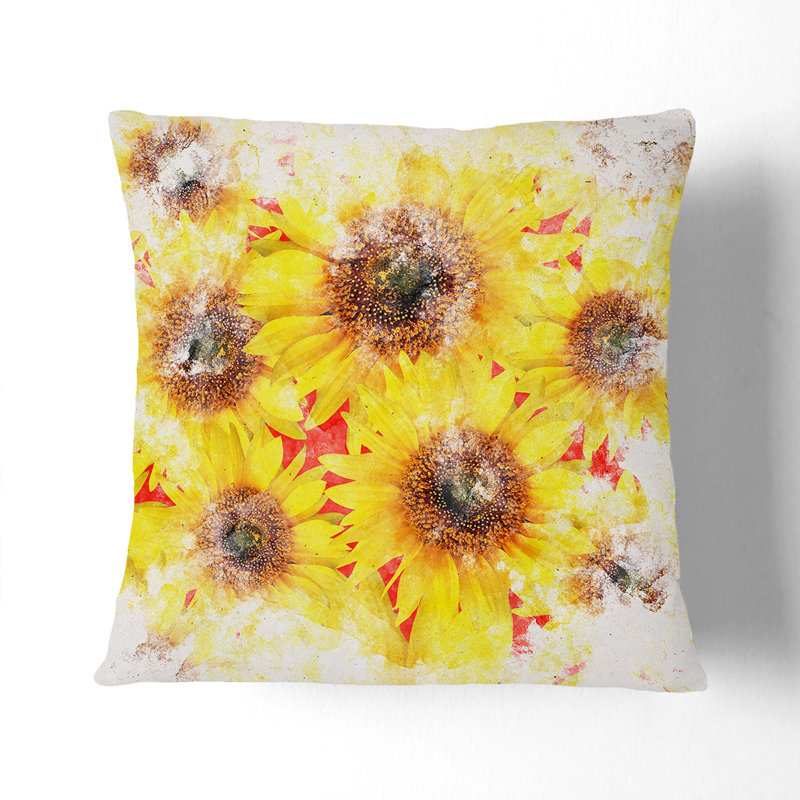 Wall of Sunflowers Watercolour Cushion with Filling, 40cm H x 40cm W x 15cm D, White