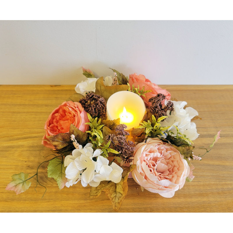 Couronne de polyester en forme de bougie rose et hortensia, Pêche
