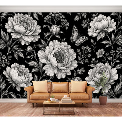 Papier peint adhésif peler et coller noir et blanc avec pivoines et coléoptère autocollant amovible en papier contact mural pour le salon Chambre à coucher H 100 po x l 144 po