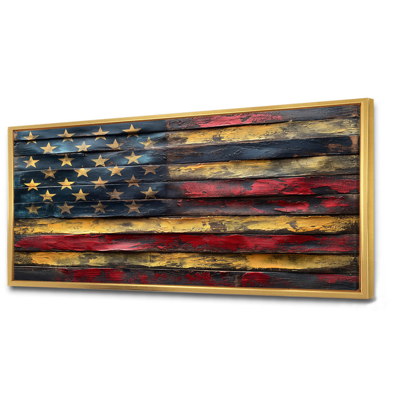 «Blue Red American Flag I», impression d'art mural, Cadre doré flottant, bois massif, H 28 po x l 60 po