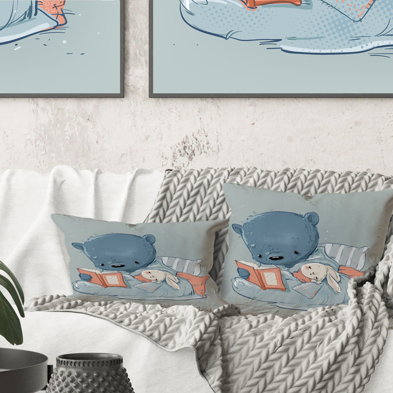 Joli dessin d'ours en peluche avec un petit lièvre blanc - Coussin 1