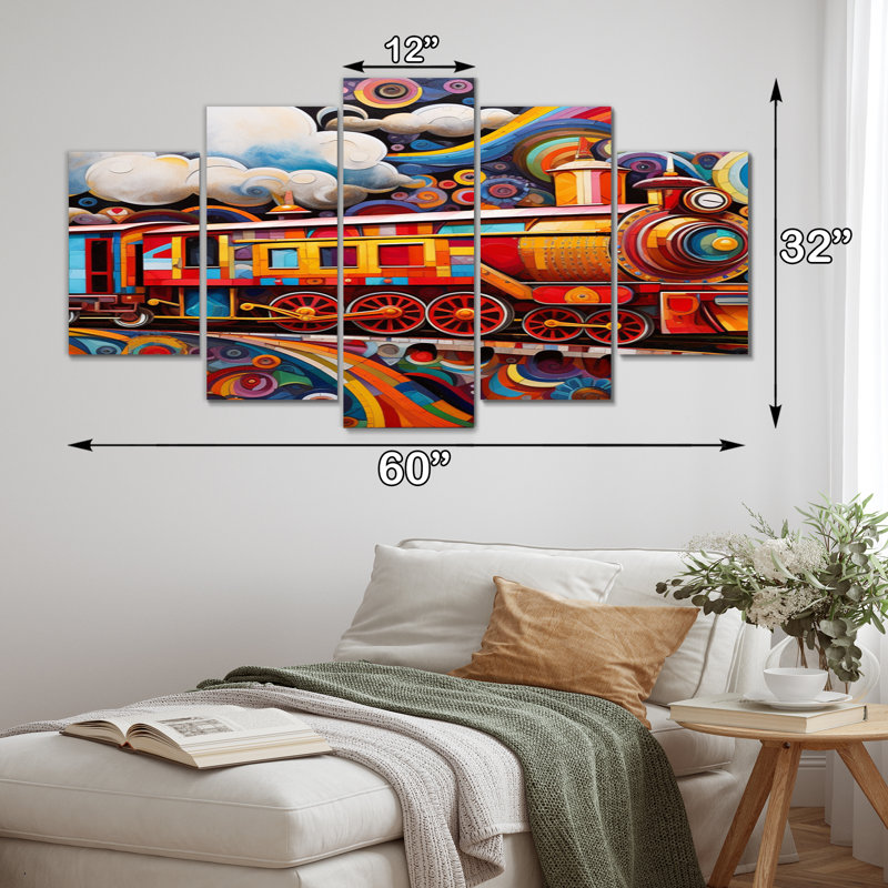 «Abstract Train Whimsical Journey III» - Impression sur toile transport - 5 panneaux