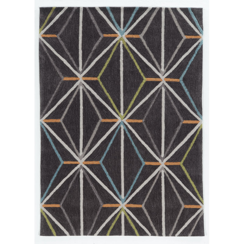 Kristopher Geometric Handmade Tufted Charcoal/Green Area Rug, Rectangle 5' x 7'