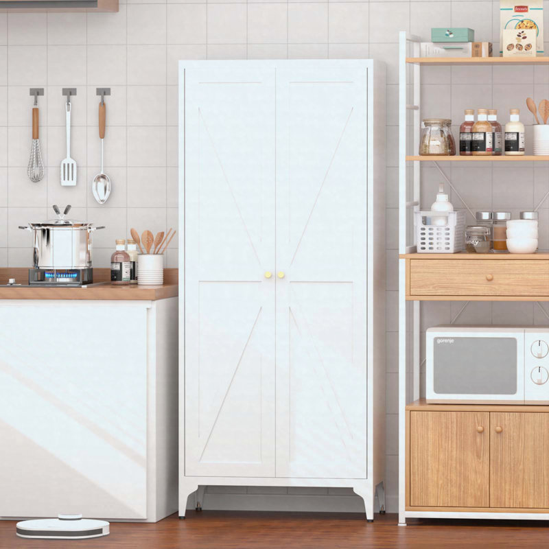2 Doors Metal Storage Cabinet Kitchen Pantry Cabinet With Adjustable Shelves Tall Steel Cabinet Locker, White
