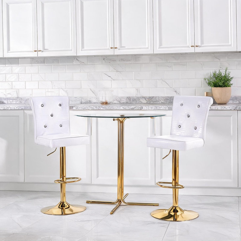 Ensemble de bar élégant en verre avec tabourets en relief blanc Croc, base en chrome doré, 2 sièges pivotants