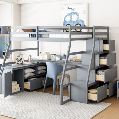 Full Size Loft Bed With 7 Drawers, 2 Shelves And Desk - Ideal For A Teenager's Bedroom 220 Lbs Upper Capacity In Desk, Three Color Schemes Custom Decor