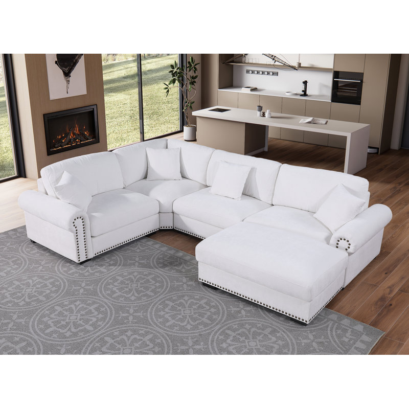 Errett Upholstered 5-Seat Roller Arms Cloud Corner Sectional Sofa, White Polyester