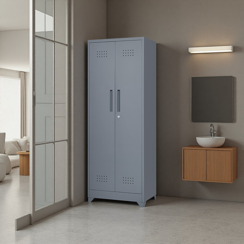 Broom Storage Cabinet With Locking Doors And Shelves, 65" H Metal Storage Cabinet With Hanging Rod & S-Hooks, Gray
