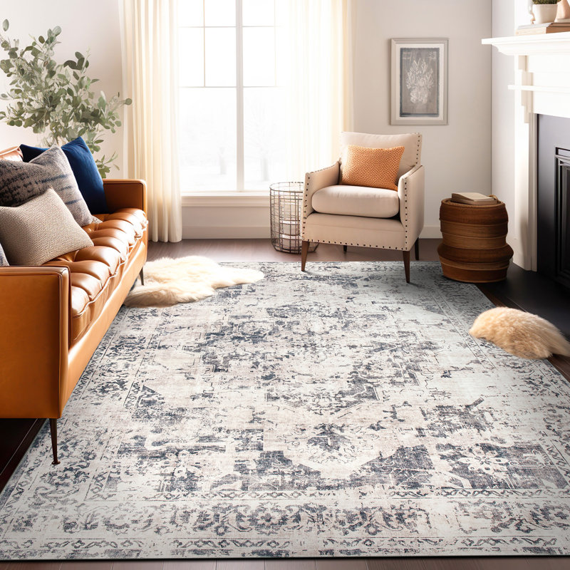 Transitional Distressed Medallion Washable Non Slip Area Rug, Rectangle 7'10" x 10'