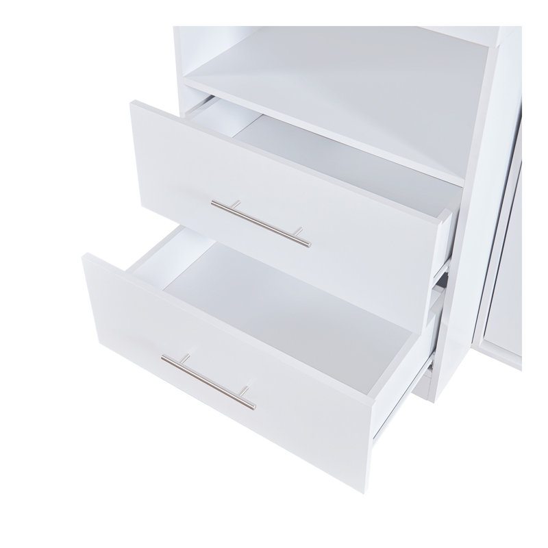 Lit escamotable simple avec tablettes ouvertes et tiroirs de rangement, armoire et table intégrées, blanc
