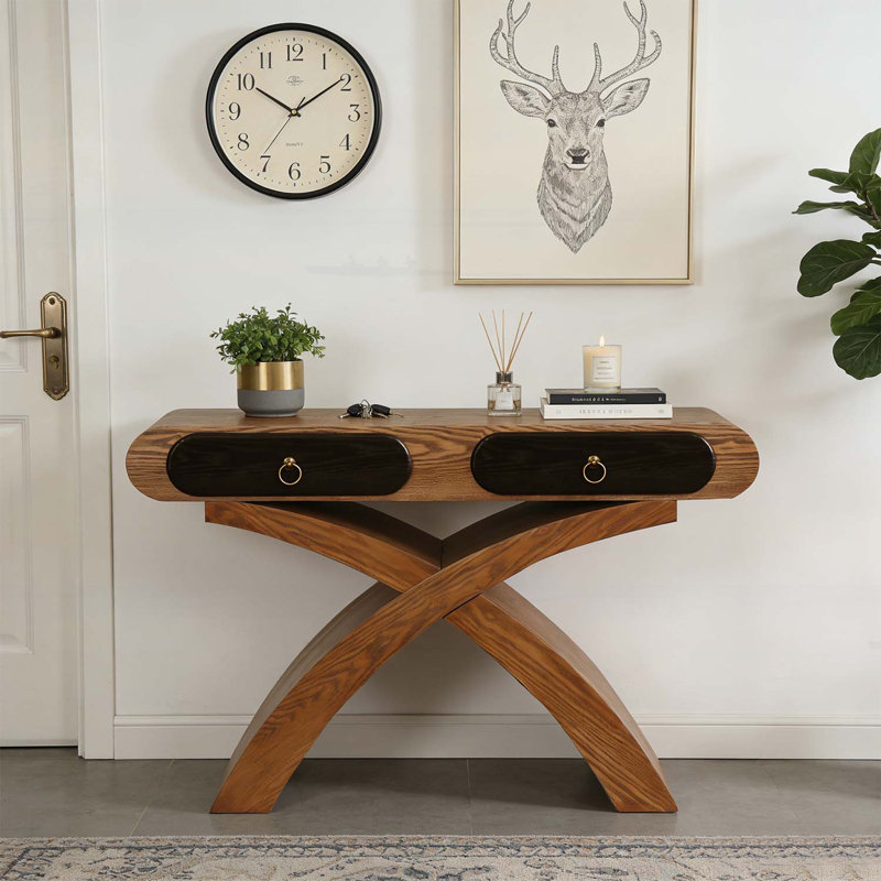 Console en bois avec pieds croisés, deux tiroirs à poignées