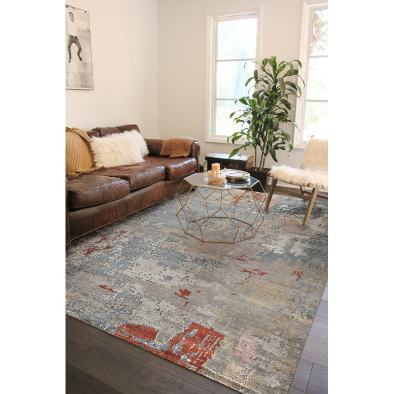 Laureno Hand Knotted Silk Abstract Area Rug in Blue, Rectangle 9' x 12'