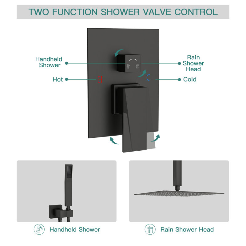 Matte Black 12" Ceiling Mounted Rain Shower System with Handheld Spray