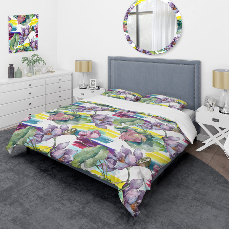 Fleurs de lotus mauves - ensemble de housse de couette floral - microfibre de polyester