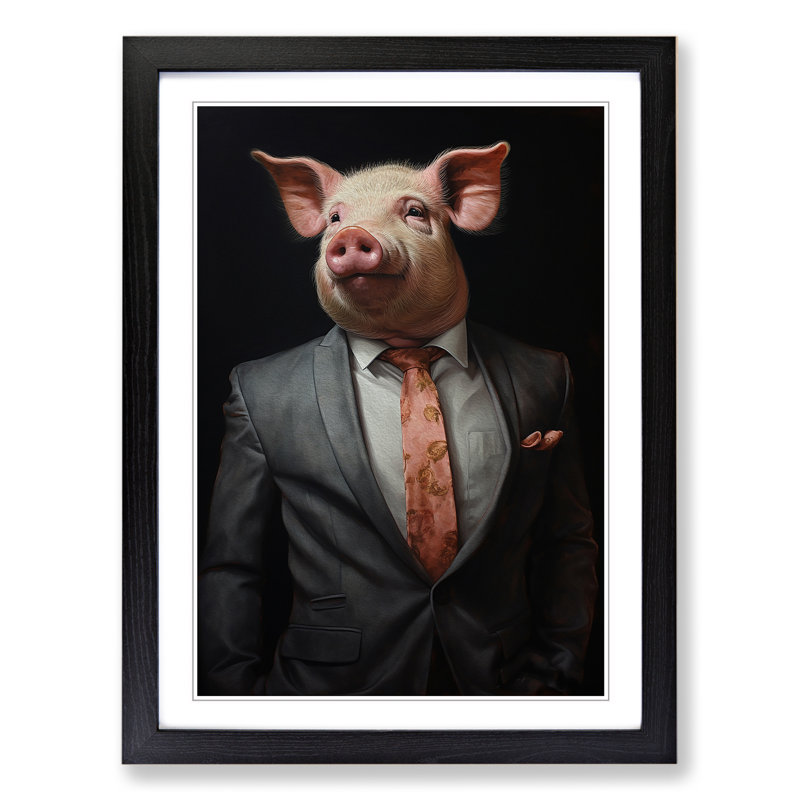 Pig In A Suit No.3 - Single Picture Frame Print on Wood, Black, 64cm H x 46cm W x 2cm D