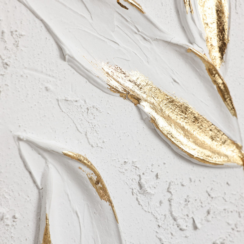 Gold Leaf & White Textured Canvas Wall Art, 31.5" H wood Framed Botanical Decor