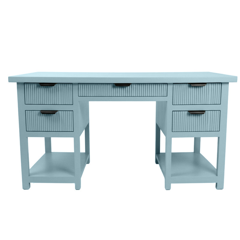 Modern Fluted Solid Wood Computer Desk, Interesting Aqua