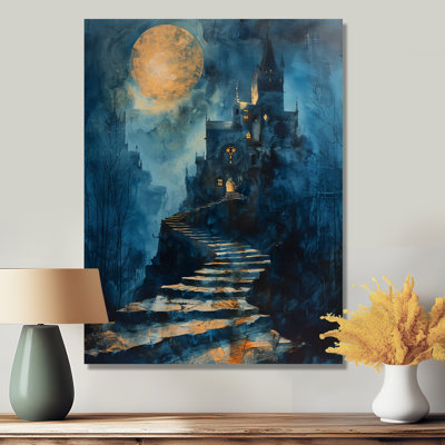 Orange, bleu, hiver, clair de lune, entrepôt, chateau, chateaux, salon, art mural