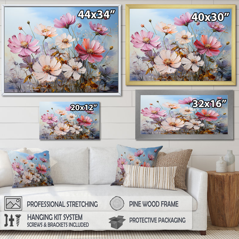 «Zinnias Farmhouse Field Charm III», reproduction sur toile, Cadre doré simple, H 16 po x l 32 po x P 1 po