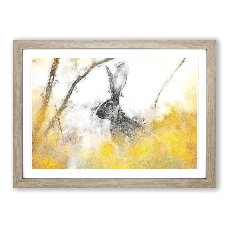 Alert Hare In The Meadow In Abstract - Single Picture Frame Painting, Oak Framed, 24cm H x 33cm W x 2cm D