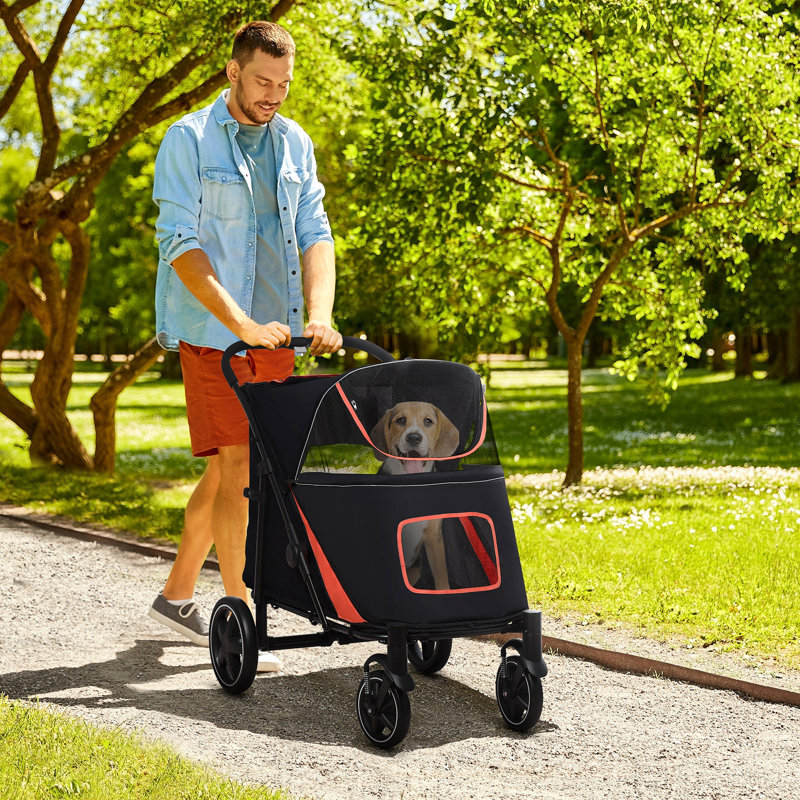 Foldable Standard Stroller Pet Stroller with Storage Smooth Ride with Shock Absorption, Black/Red