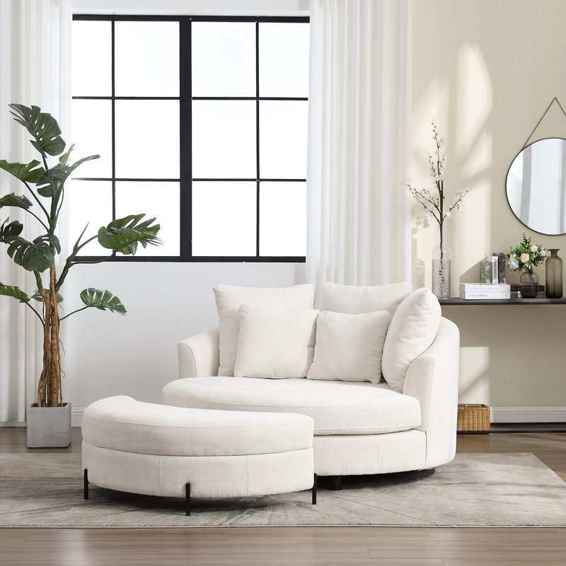 Fauteuil demi-tonneau rembourré avec repose-pieds, Chenille beige