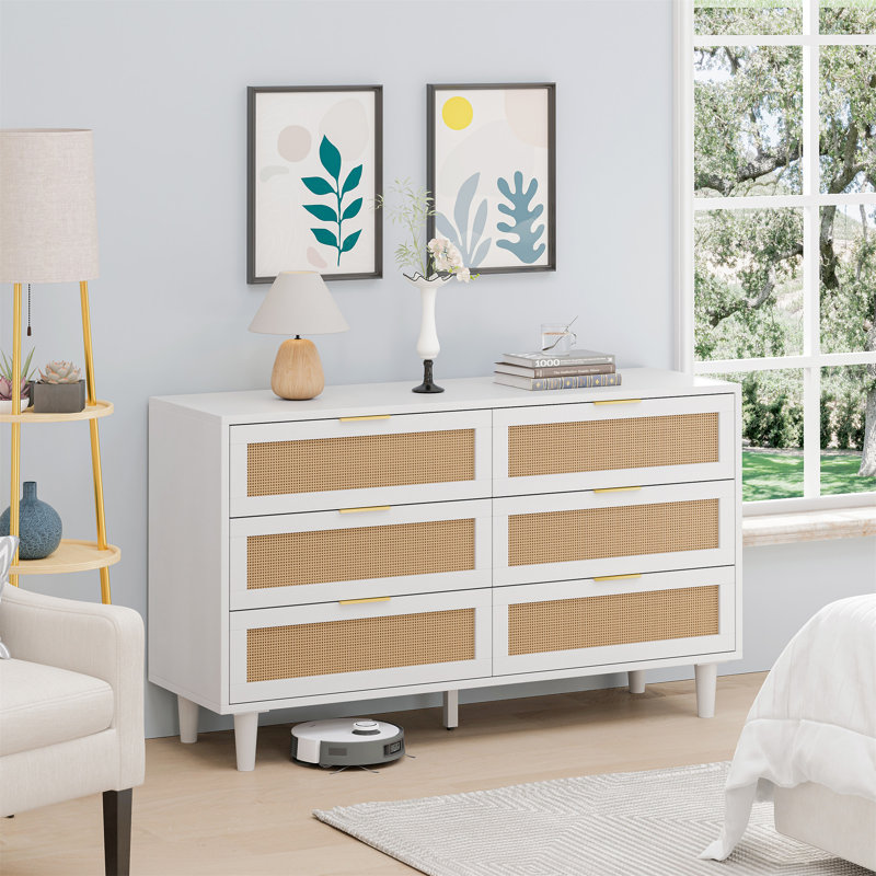 51.18"6-Drawers Rattan Storage Cabinet Rattan Drawer,Dresser Chest, White, 29.53" H x 51.18" W x 15.75" D