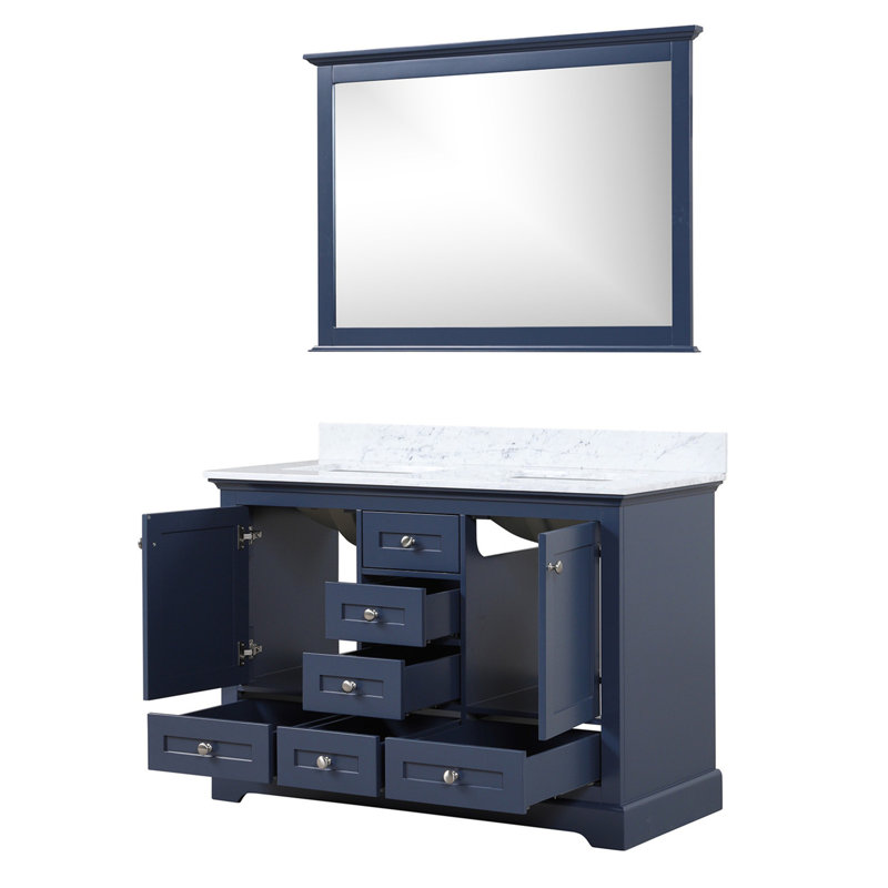 Meuble-lavabo double contemporain avec plateau en marbre de Carrare et miroir, Marine