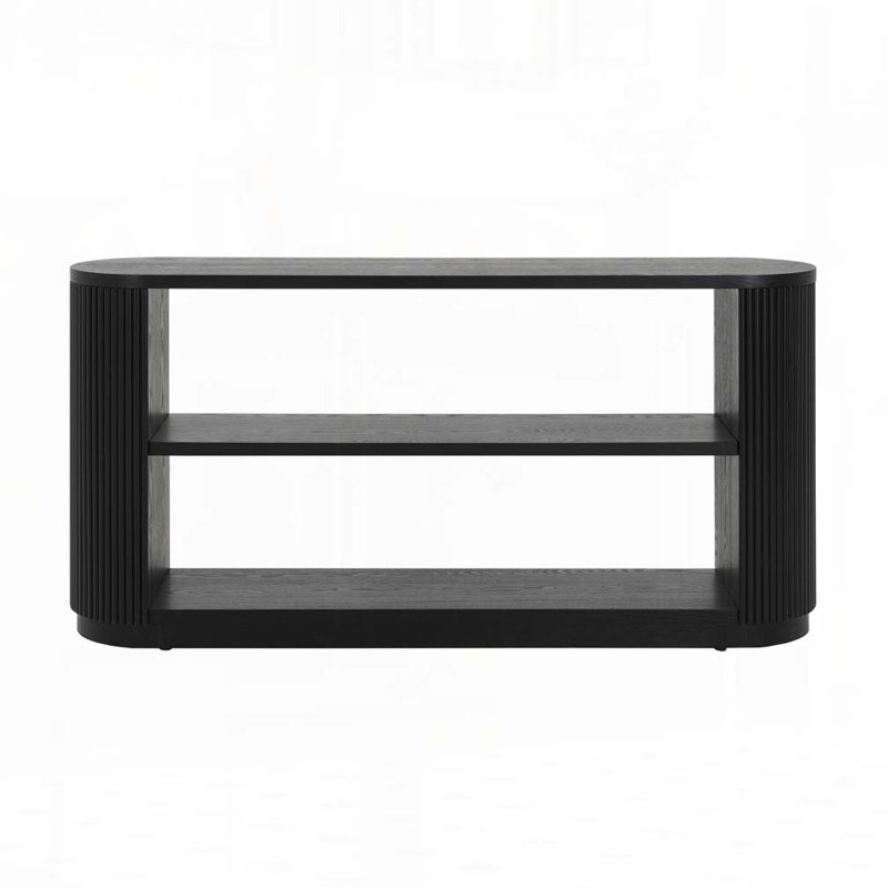 Contemporary Oval Console Table with Ribbed Sides and Two Spacious Open Shelves, Black