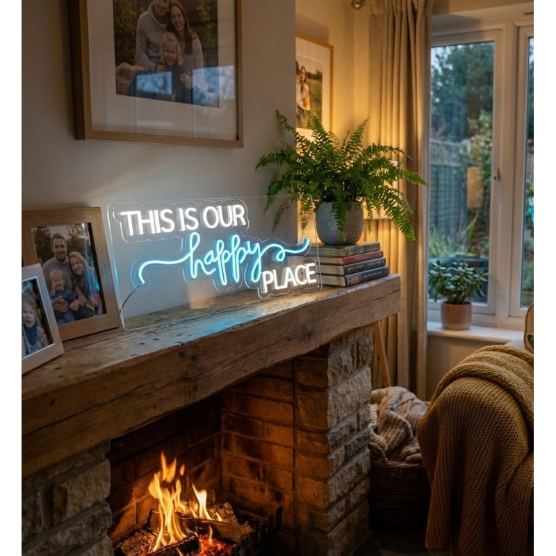  | This is Our Happy Place, enseigne au néon | Fabriqué avec un tube néon incassable durable qui émet un éclairage lumineux et uniforme pendant plus de 50 000 heures sans gradation ni scintillement | 30 x 14 | Blanc et bleu vif