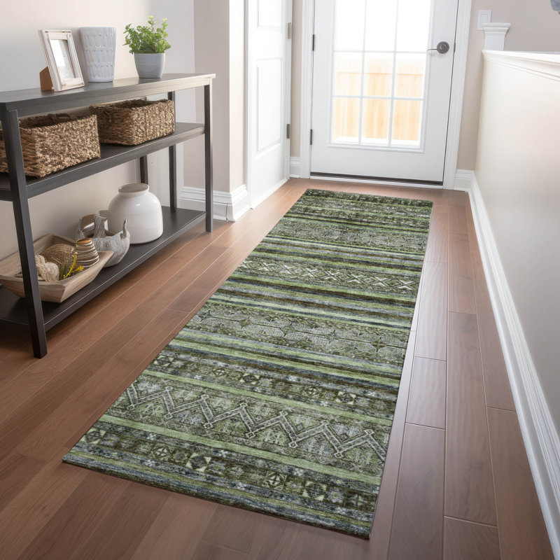 Machine Washable Indoor/Outdoor Claudian ACN1644 Olive Rug, Runner 2'3" x 7'6"