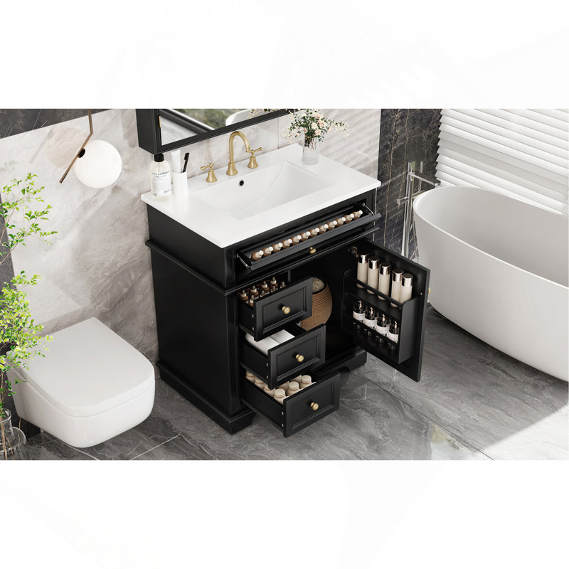 30" Bathroom Vanity with Sink, One Tip-out Drawer, Three Drawers, Door Shelf, Soft Closing Door, Black