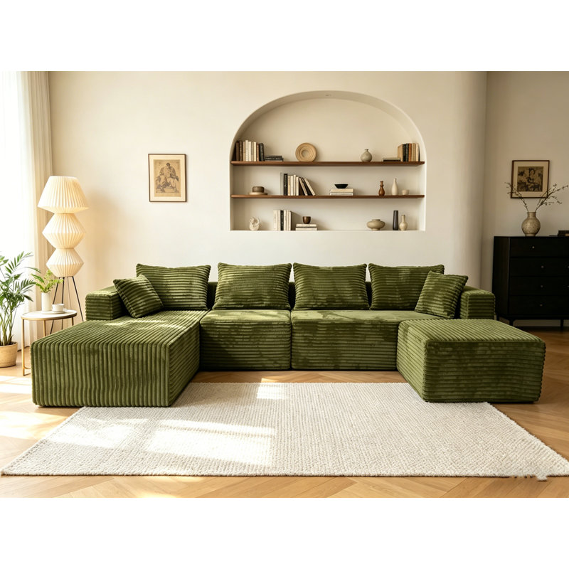 Boneless 118"u Shape Modular Sectional Sofa, Compressed Sectional Sofa Modern Minimalist Style Corduroy Couch, Sleeper Sofa For Living Room, Bedroom, Comfy Compressed Sofa Couch Space-efficient Design Right Green