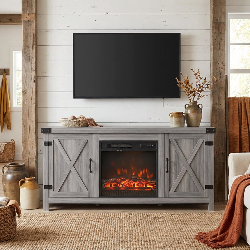 Meuble télé pour téléviseur de 65 po ou moins avec foyer électrique, gris