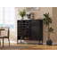 Buffet à portes noires tissées avec rangement et portes arquées, tablettes réglables multicouches, pieds en métal - pour la cuisine, la salle à manger ou le vestibule | Idée de cadeau