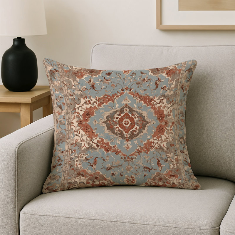 Coussin décoratif intérieur et extérieur Modern, Bleu clair / rouille / beige damassé, Carré 16 po