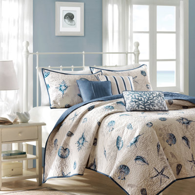 Courtepointe simple / simple en microfibre TG - bleu avec décorations de corail et de coquillages