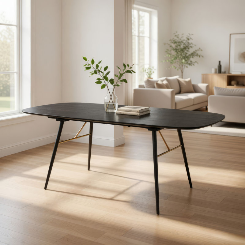 Table de salle à manger Belo, plateau courbé extensible de 71 à 91 pouces, chêne noir, or
