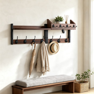 Portemanteau mural avec tablette, porte d'entrée et porte-clés avec crochets doubles, rangement pour porte-courrier pour salon, chambre à coucher, salle de bain, cuisine