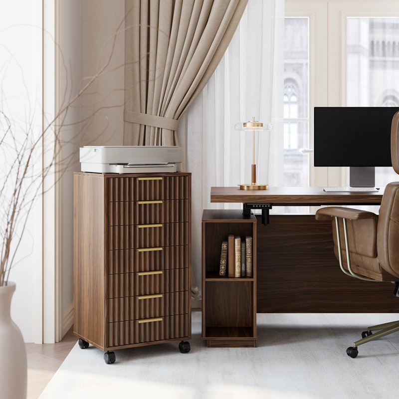 Classeur à 7 tiroirs en bois avec façades de tiroir cannelées, armoire de bureau verticale, Black Walnut