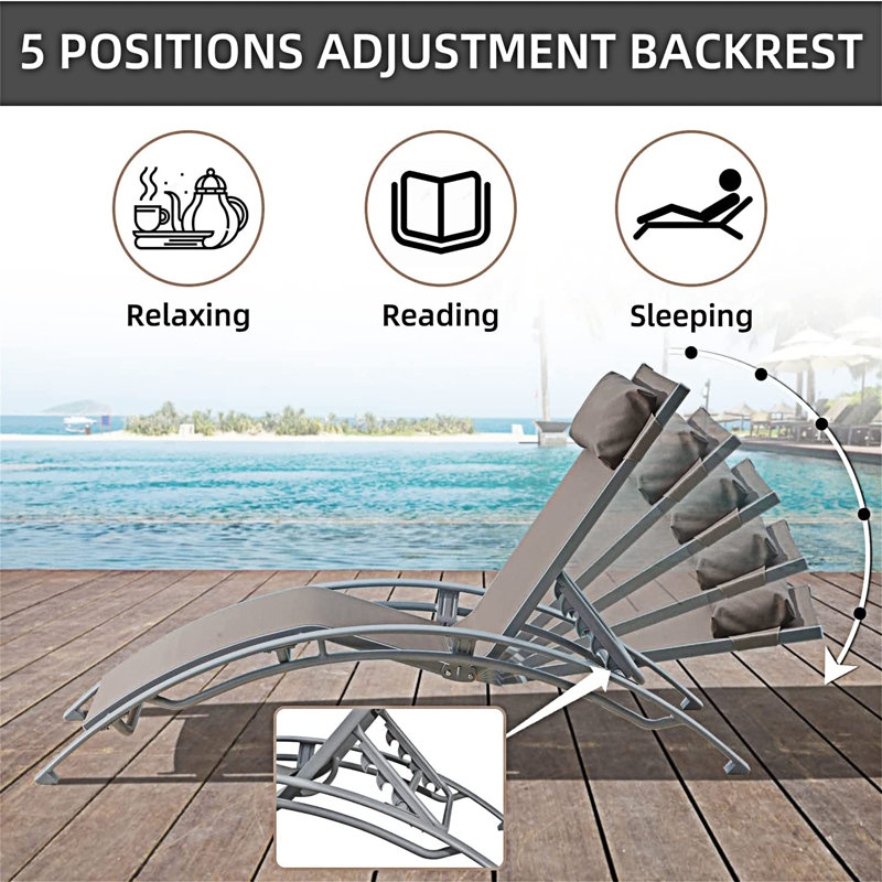 Outdoor Chaise Lounge Chairs With Metal Side Table, Khaki