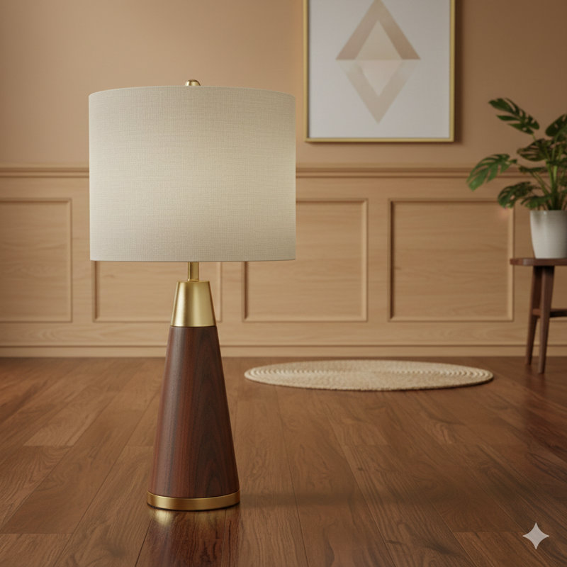 Lampe de table triangulaire, Or / noyer