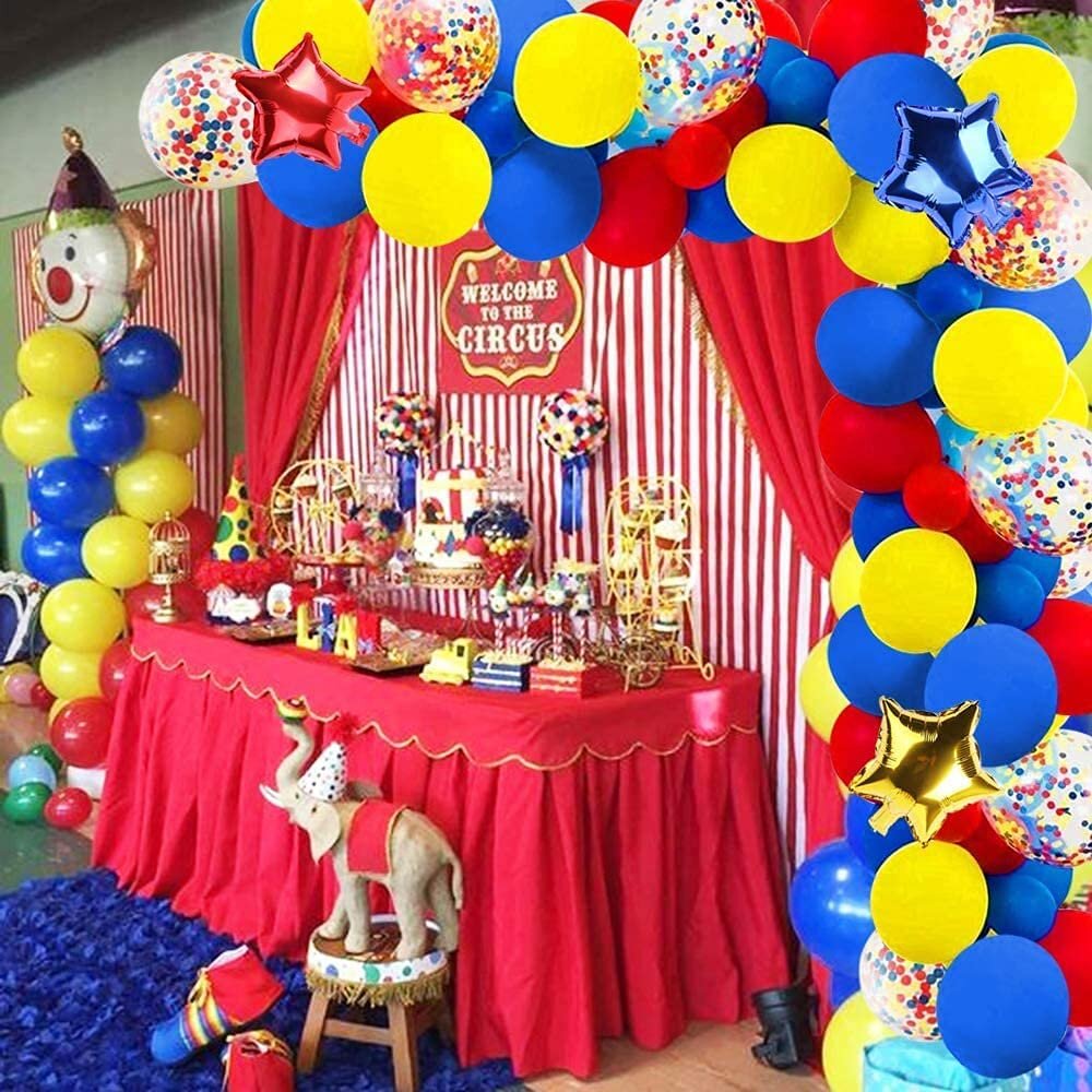 DIWULI Cirque Ballon Joyeux Anniversaire, Cirque avec des Animaux Balloon  Feuille Doux, Feuille Ballon Jaune Blanc Rouge pour l'anniversaire des