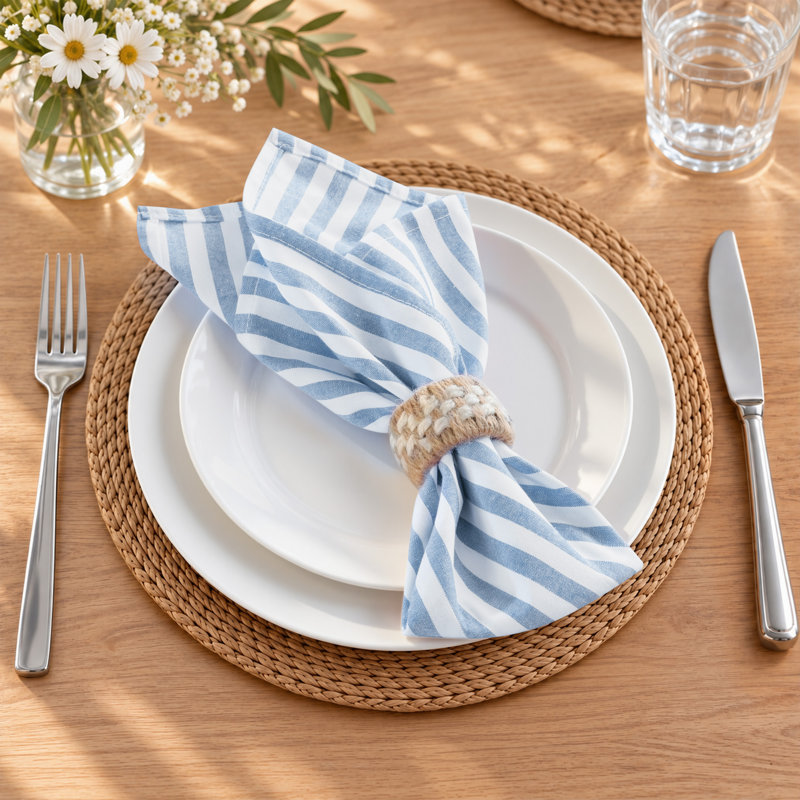 Serviette de table 100 % coton teint en fil, à rayures, 45,7 cm x 45,7 cm, Blue
