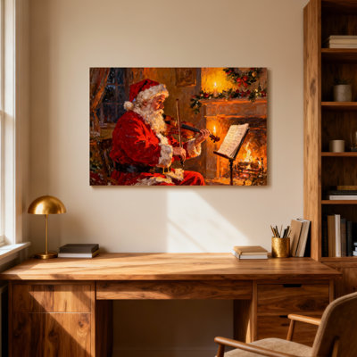 Christmas Santa Playing Violin By Fireplace